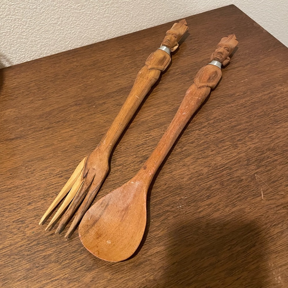 Vintage Wood Carved African Tribal Salad Utensils Serving Set